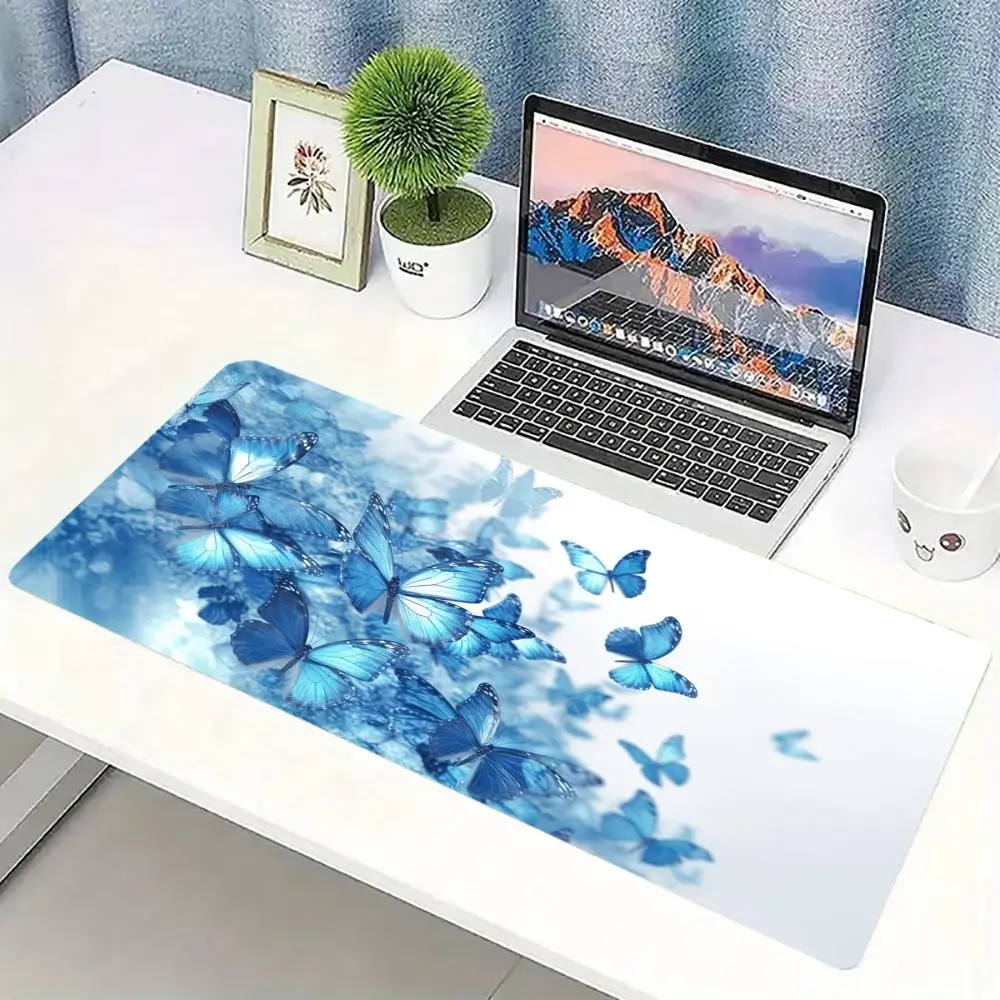 Blue Butterfly Gaming Mouse Pad Crystal Glitter Non Slip Rubber Smooth Large Desk Mat For Gamers Office Desktop Stationery