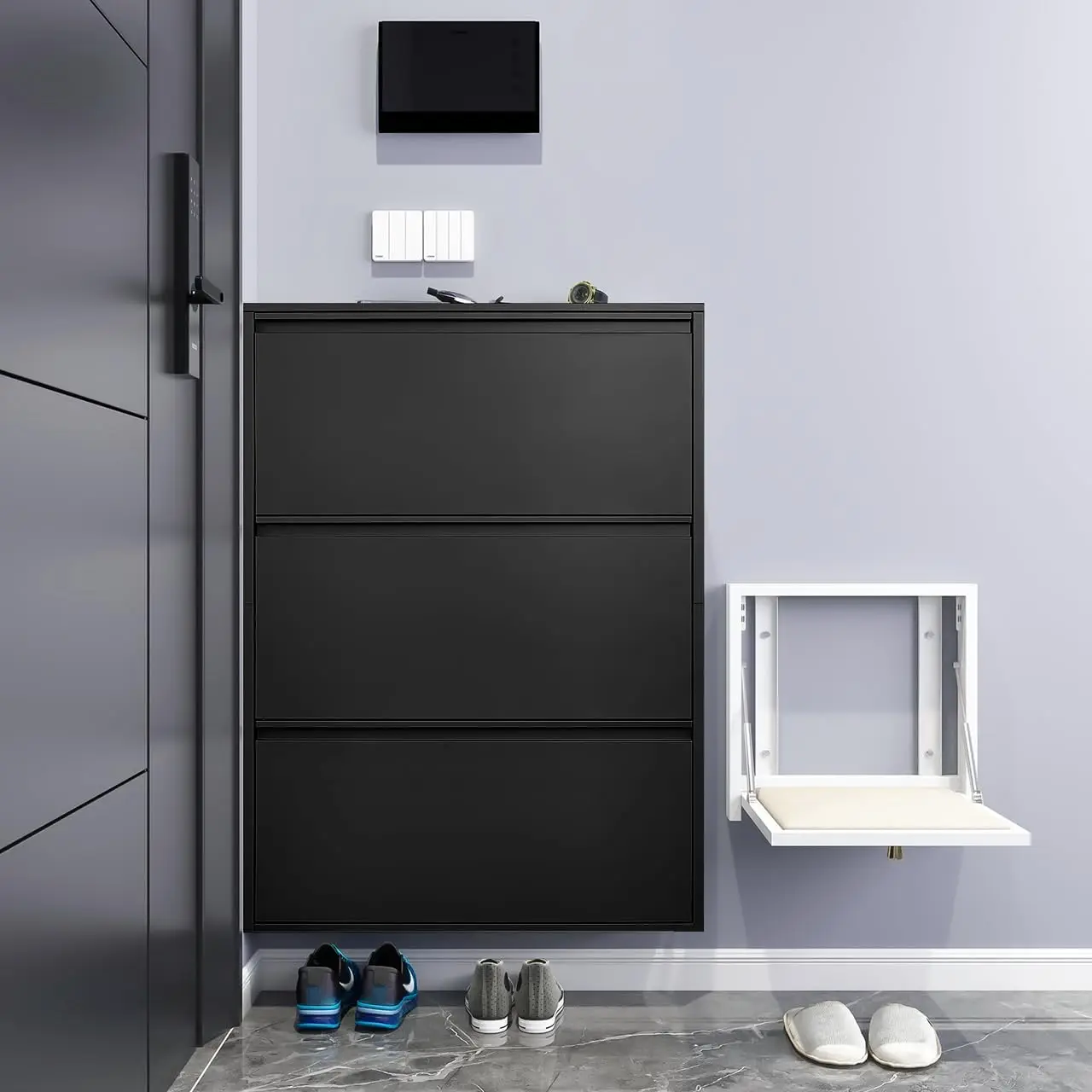 

Shoe Storage Cabinet with 3 Flip Drawers, Narrow Shoe Cabinet for Entryway Slim, Slim Shoe Storage Cabinet, Black Wall