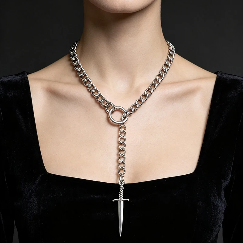 Punk Stainless Steel Sword Pendant Y Shape Necklace Gothic O-Ring Chain Choker Dark Style Neck Jewelry For Women Party