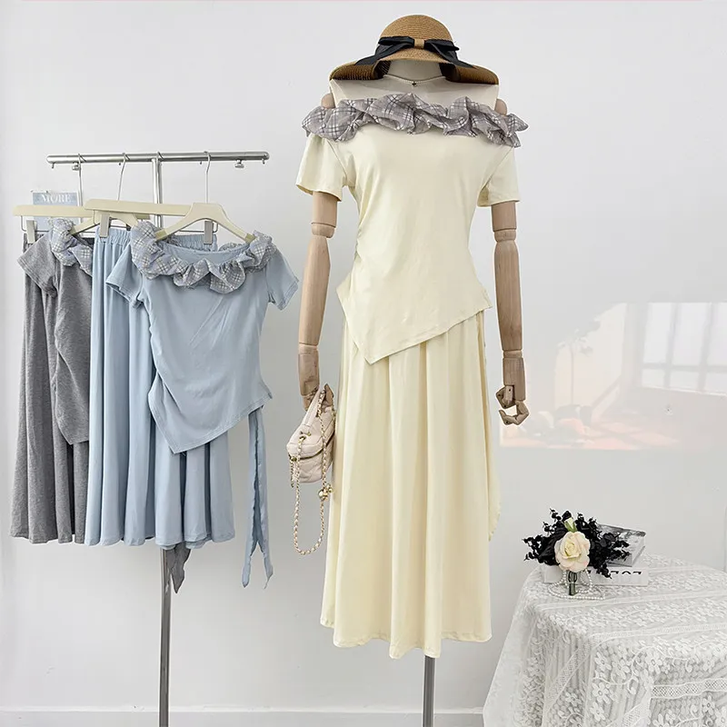 

Off shoulder lotus leaf edge splicing short T-shirt+hanging feeling high waist pleats loose big swing skirt women summer set