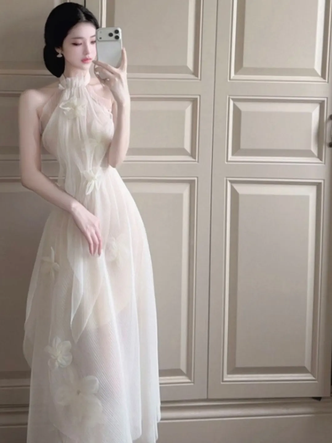 

Elegant Gentle Style Fairy Long Dress Neck Hanging Strapless Summer 2026 Women's Dress High Waist Cotton Blend No Sleeve