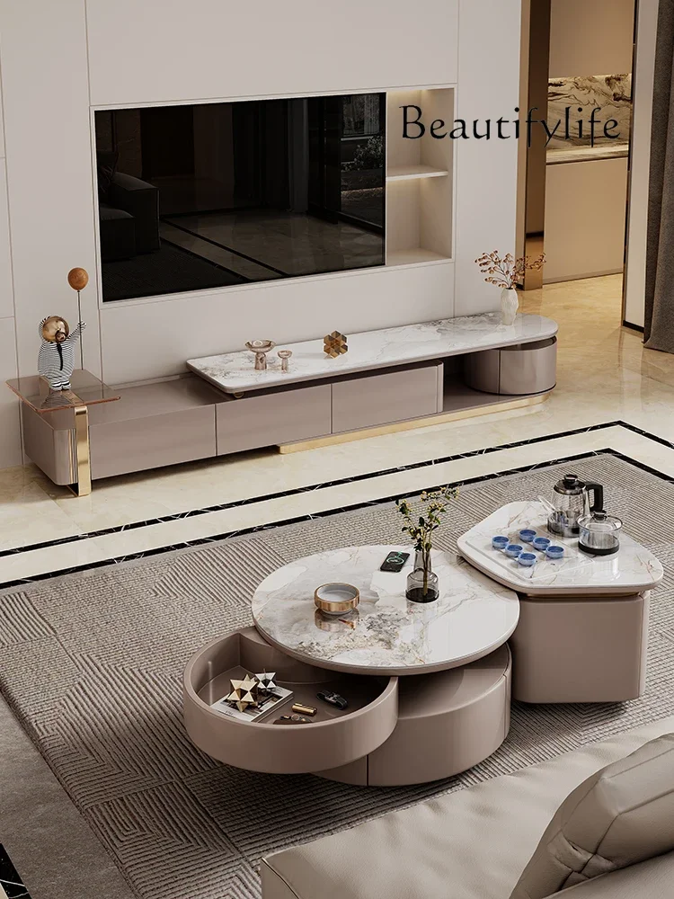 

yj21 Rock slab coffee table living room household small apartment modern simple new light luxury high-end folding mobile tea tab