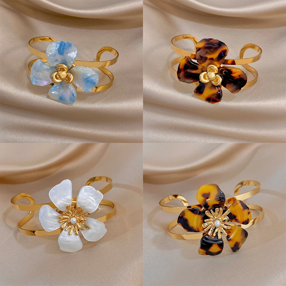 Trend Double-layer Acrylic Flower Clover Open Cuff Bangle for Women Stainless Steel Waterproof Bracelet Party Jewelry Gift