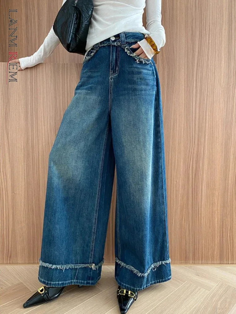 

[LANMREM] Rough Edge Design Jeans For Women High Waist Straight Wide Leg Denim Pants Washed Trousers 2025 Spring New 26C434