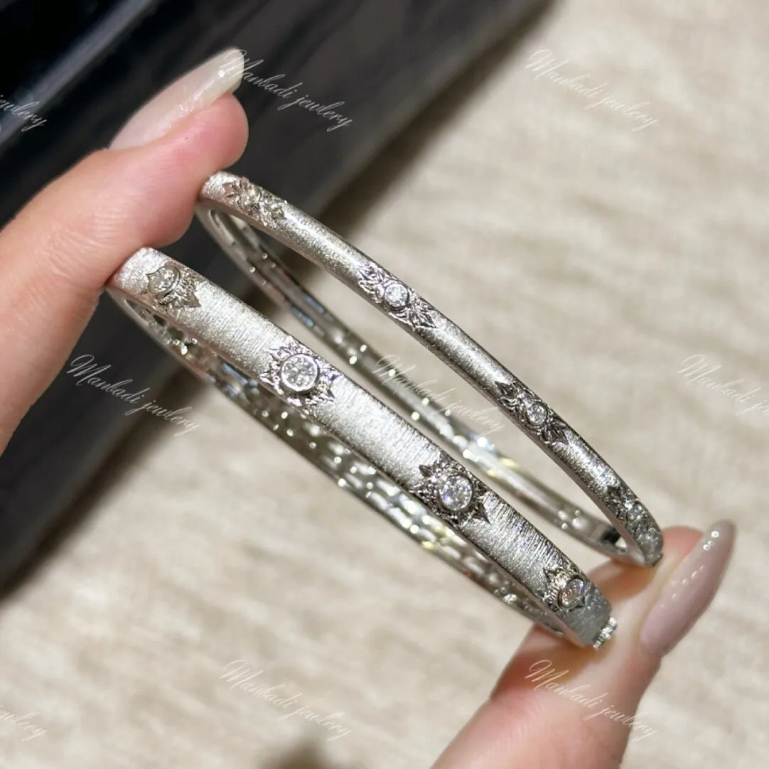 Italian Lasered Process Satin Finish Carved Moissanite Silver Bracelet · S925 Silver Plated with 18k Gold · Narrow Version Appro