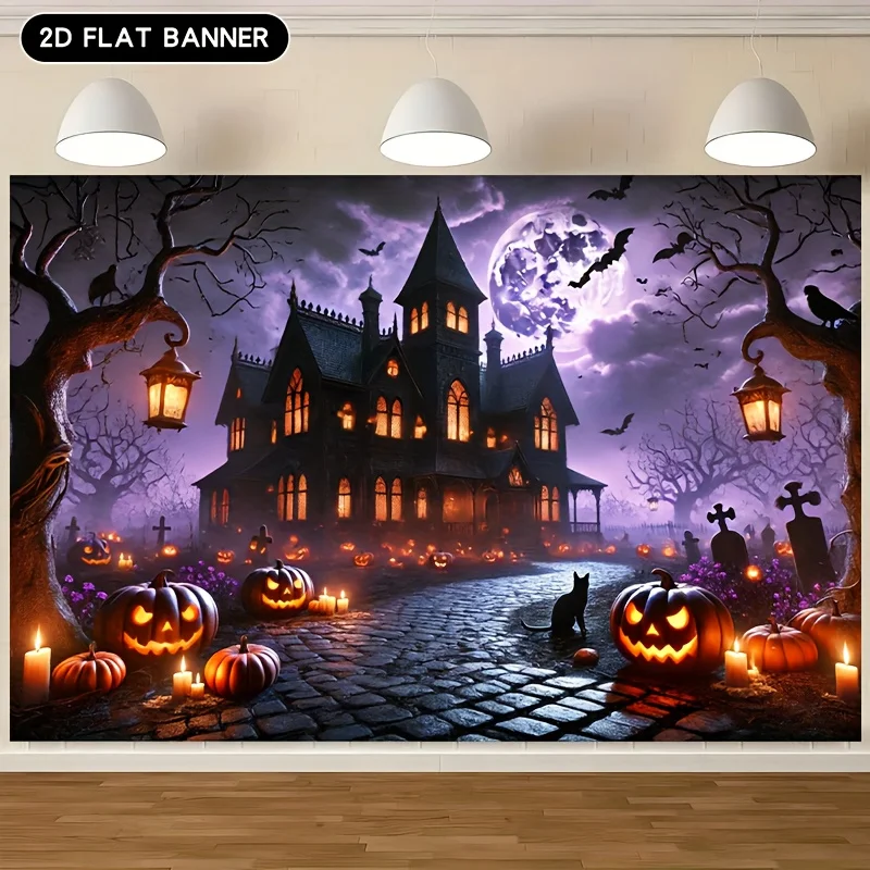 Halloween Haunted House Pumpkin Background Spooky Moonlight Scene Wall Hanging Home Office Outdoor and Party Decoration Tapestry