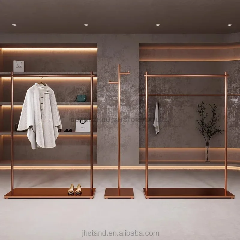 custom.Clothing Store Display Rack Floor-to-ceiling Stainless Steel Rose Gold Brushed Hanging Clothes Display Rack Women Special