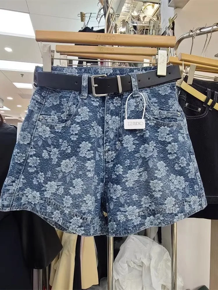 

Retro Floral High Waist Loose Casual Women's Denim Shorts Summer New Style Fashionable Hot Pants Wide Leg Jeans Blue Denim