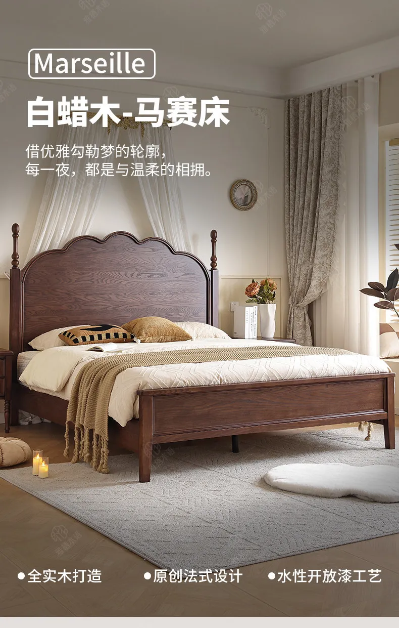 Any Size Custom French Vintage Mid Century Natural Solid Wood Storage Bed Eco Friendly Stain Resistant Master Bedroom Double Bed