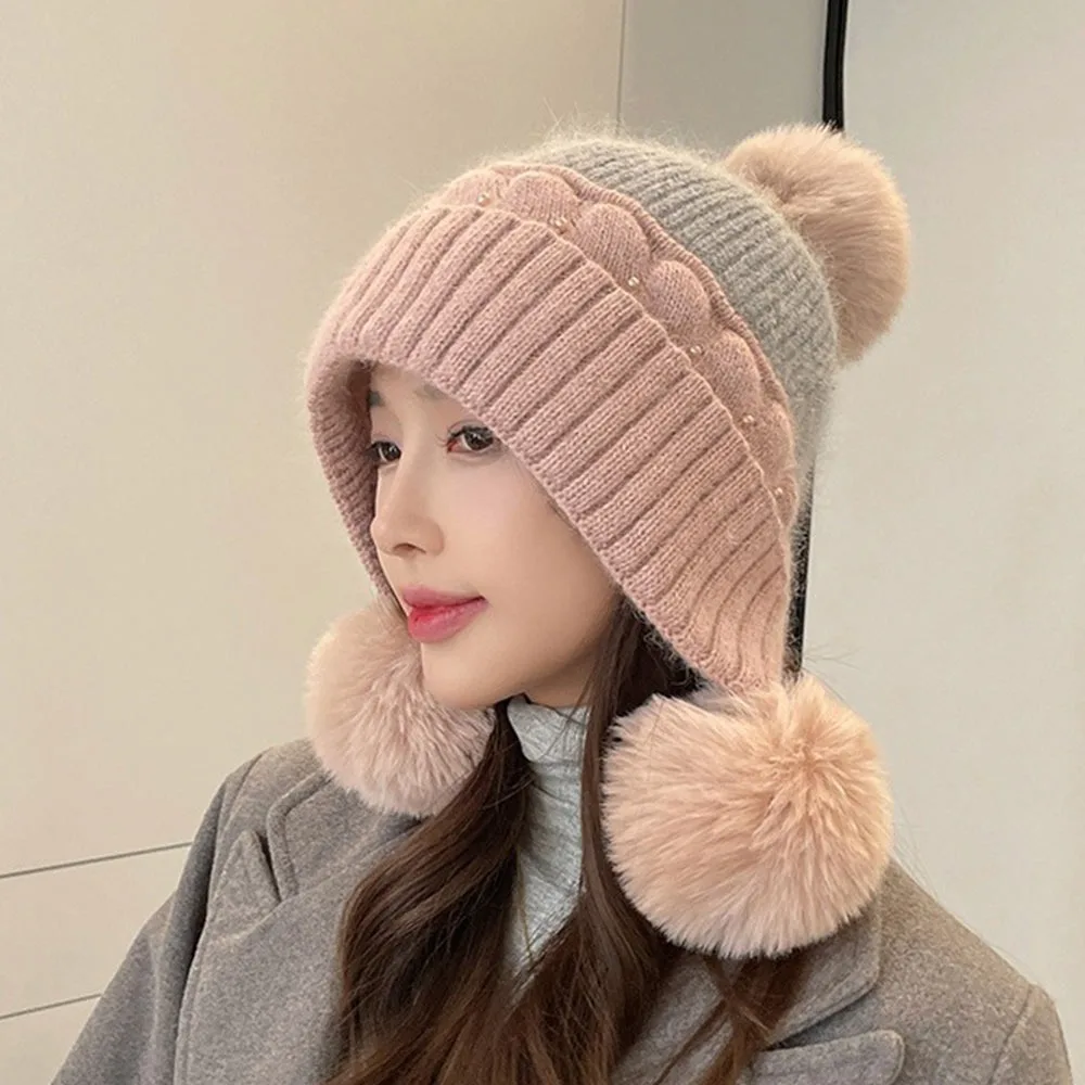 

Sweet Warm Thickened Knitted Hat Ear Protection Windproof Women's Beanies Coldproof Pearl-embellished Bonnet Caps Autumn Winter