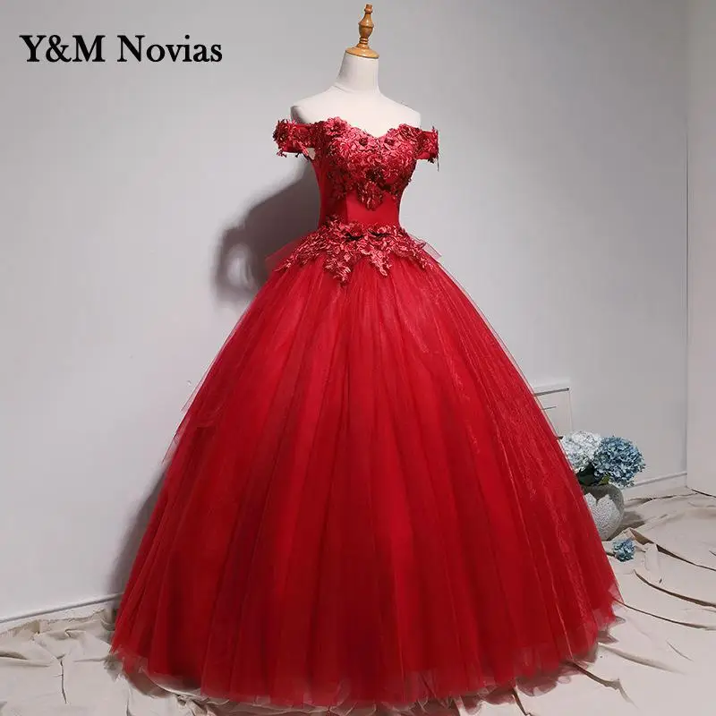 New V Neck Quinceanera Dresses Party Prom Lace Embroidery Off The Shoulder Ball Gown Wined Red Vestido De Quincianera