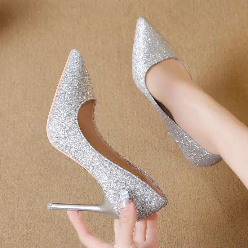 Ladies Pumps High Heels Pointed Toe Silver Women\'s Shoes on Heeled Wedding Bride Shoe Quick Delivery E Offer Spring Genuine Mark