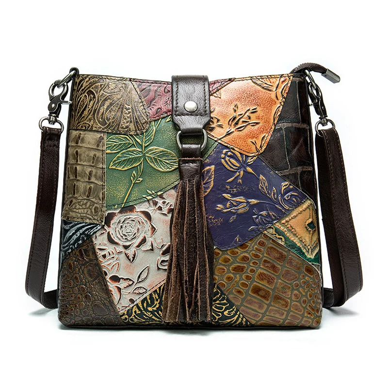 Fashionable Women Shoulder Bag Ethnic Style Genuine Leather Crossbody Bags of Female Ladies Patchwork Leather Sling Bag