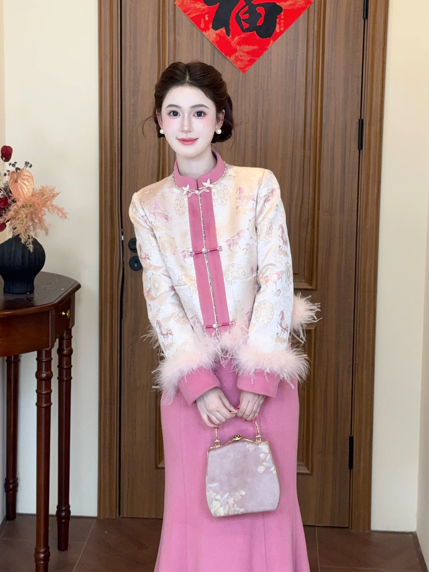 

Lili Home New Chinese Sle Pink Floral Embroidery Set Ostrich Feather Splicing National Trend Two-Piece Set Women's Faion