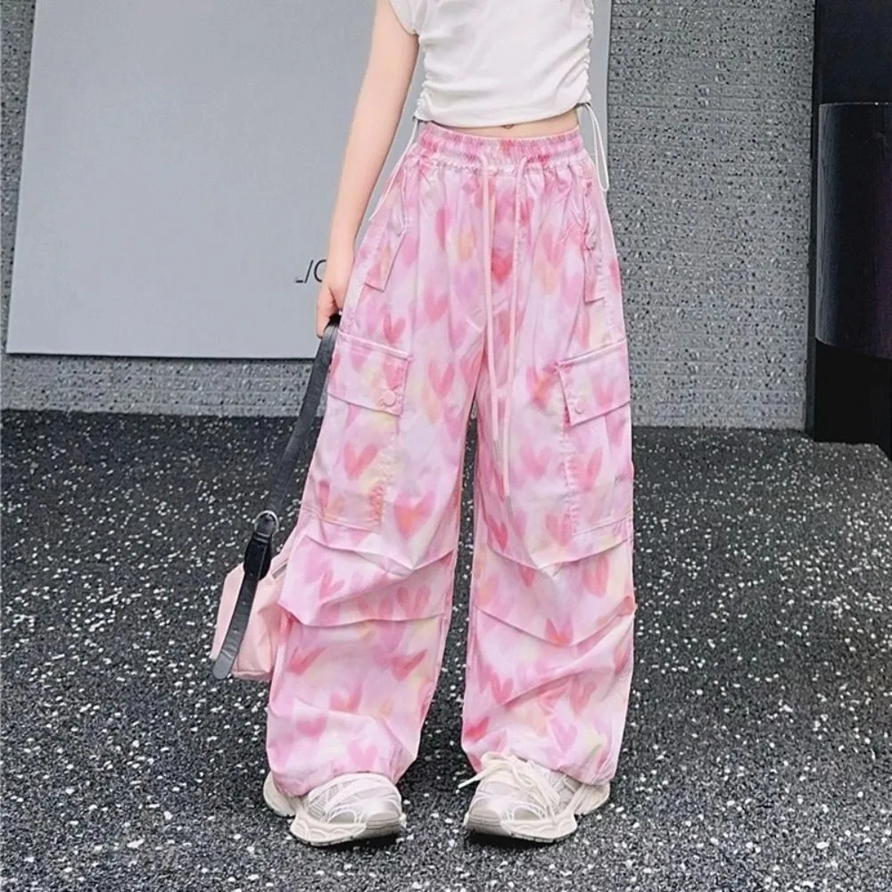 

Fashion Multi Pockets Baggy Cargo Pants Drawstring Trousers Y2k Wide Leg Pants Joggers Hip Hop Heart Printing Pants Girl Sports