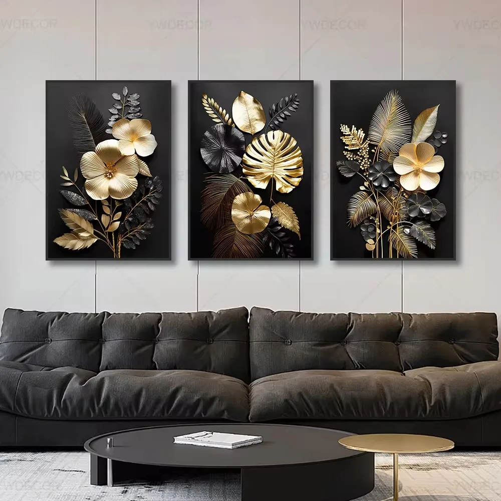 

Luxury Black Gold Plant Leaves Canvas Poster Print Modern Home Abstract Wall Art Painting Living Room Luxury Decoration Gift