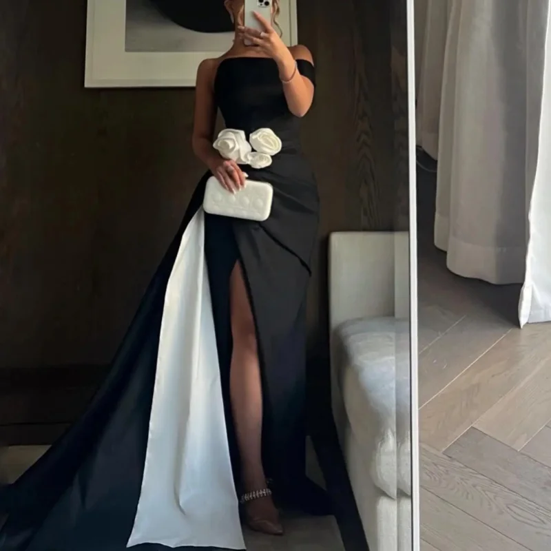 Elegant Satin Line-Neck Floor-Length Card Shoulder Sleeveless Floral Embellished Evening Dress Custom Cocktail Dress