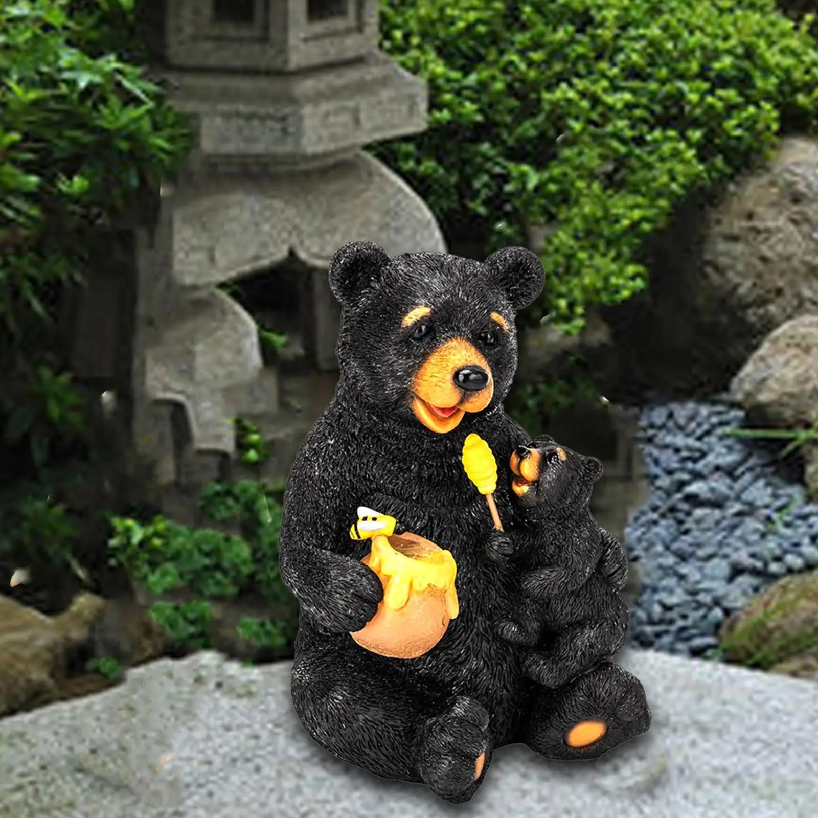 Solar Garden Statue Waterproof Black Bears Figurine for Outside Balcony Lawn