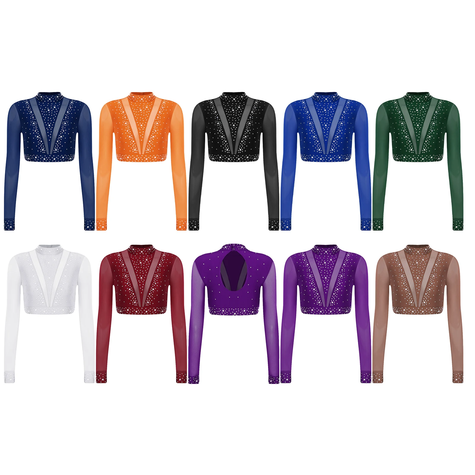 

Women Dance Ballet Gymnastics Modern Cropped Tops Performance Costume Rhinestones Sheer Mesh Long Sleeve Hollow Out Dance Shirts