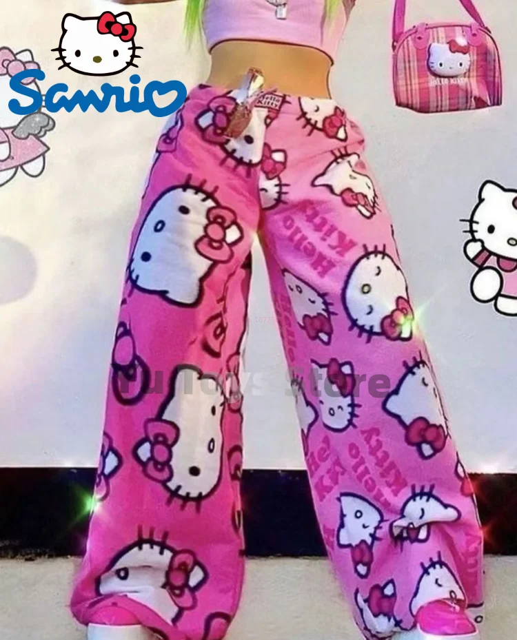 

Sanrio Hello Kitty Pajamas Black Pink Flannel Women Warm Woolen Whitecartoon Casual Home Pants Autumn Fashion Trousers Halloween