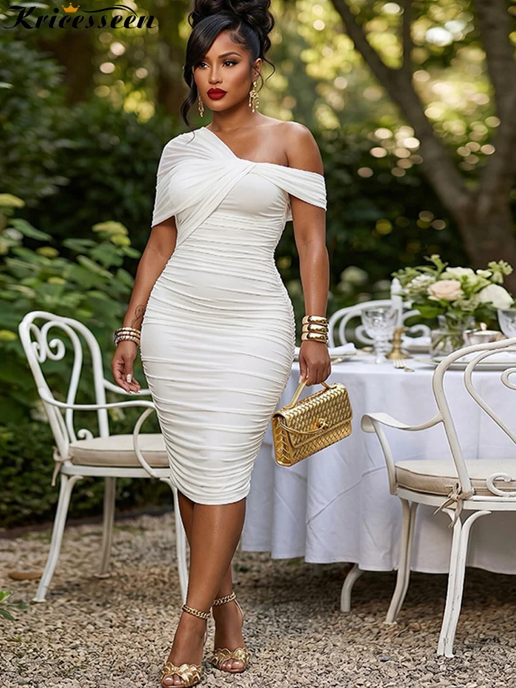 white off the shoulder bodycon midi dress Kricesseen Elegant Ruched Women One Shoulder Sexy Party Dresses Evening Clubwear Summer Cocktail dress