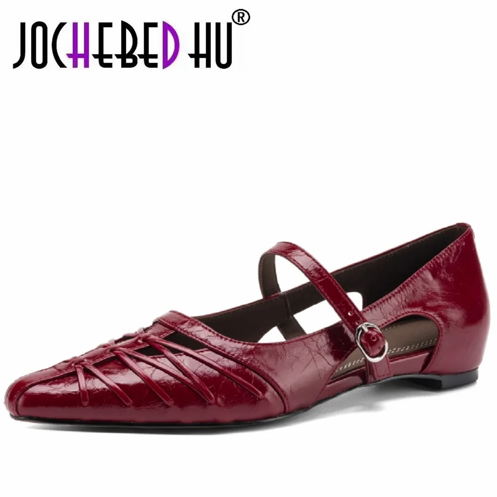 JOCHEBED HURetro Handmade Genuine Leather Woven Flat Bot Leather Single Oes Hollow Out Pointed Toe Strap Ci Walk Oes 34-41