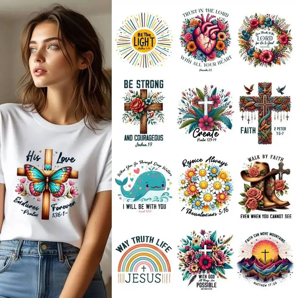 25CM Christian Jesus Sunflower Heart Heat Transfer Patches For Clothes DIY A-Level Washable Shirt Iron-on Thermal Stickers