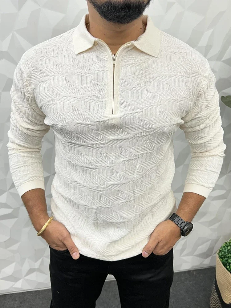 

Fashion Solid Color Crochet Knitted Mens Polo Shirt Sweater Slim Fit Casual Long Sleeve Knit Sweater Men Tops Vintage Pullovers
