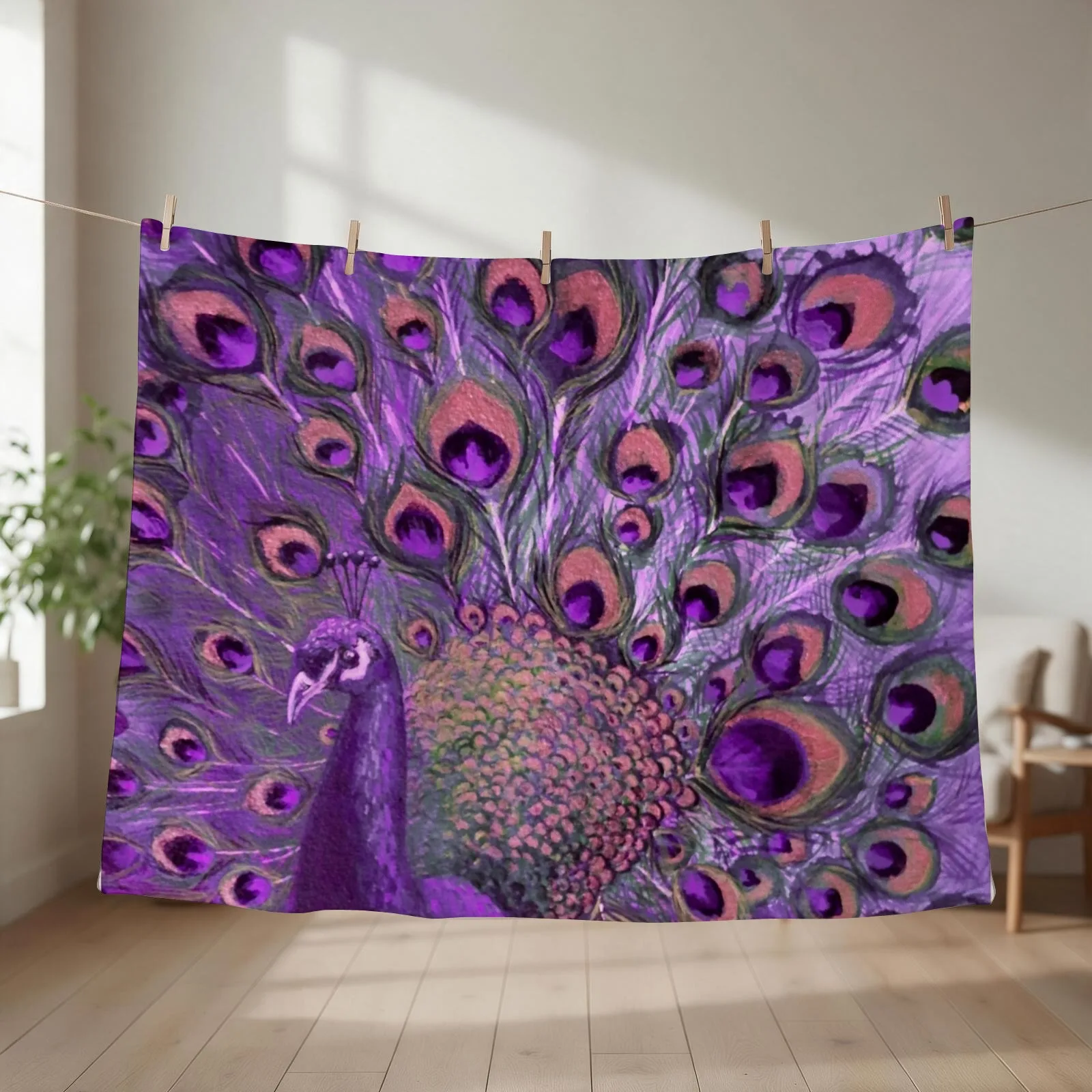 Purple Peacock Full Glory Throw Blanket couch cozy soft plush fuzzy picnic outdoor blanket