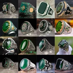 New European and American Green Gem Inlaid Men's Luxury Ring Personality Retro Domineering Ring Jewelry for Banquet Party