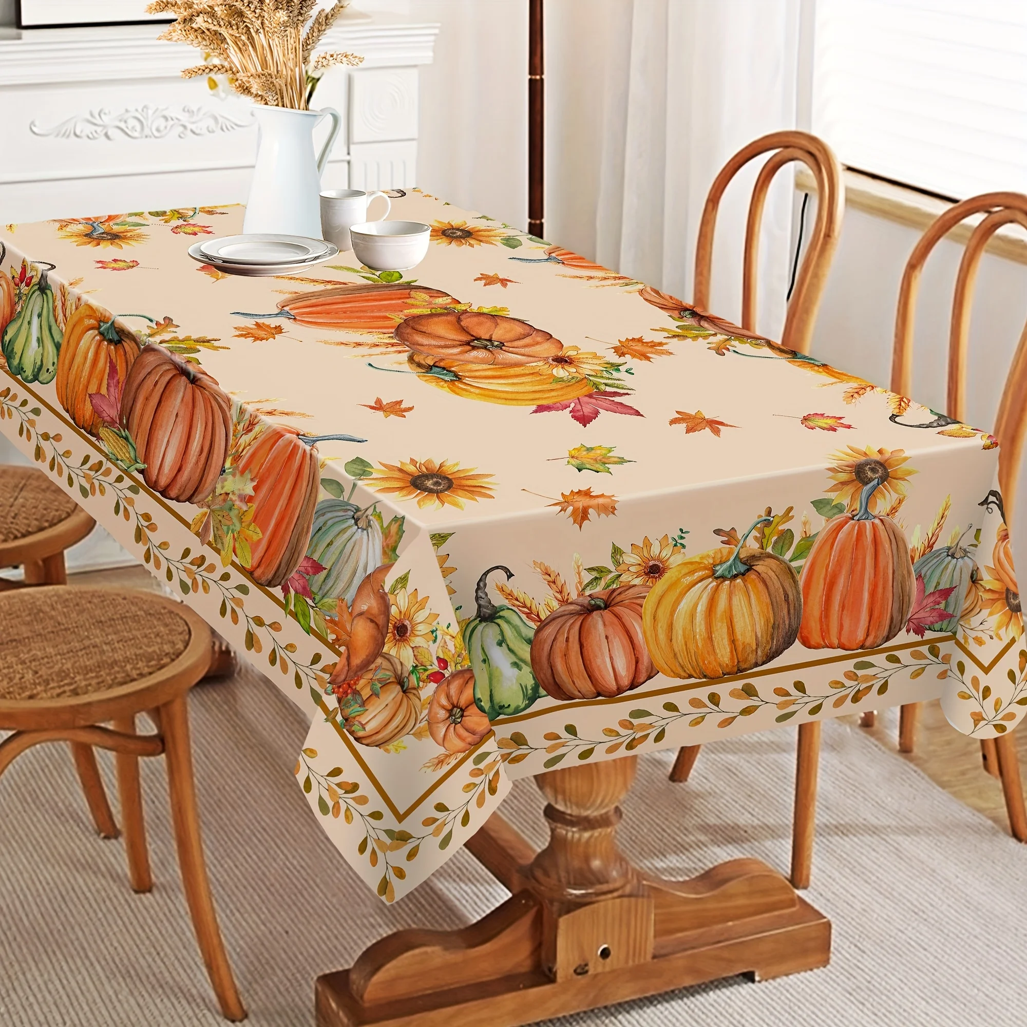 Thanksgiving-Tischdecke aus Polyester mit rechteckigem Bezug im Kürbis-Design für Zuhause, Esszimmer und Herbstpartys.