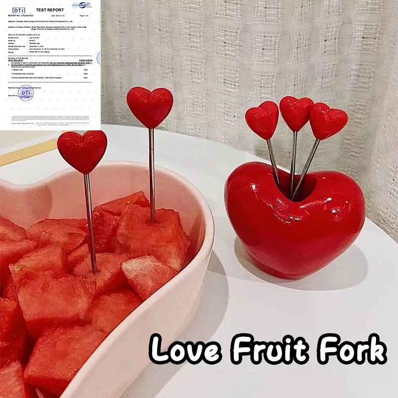 

Вилка для фруктов Creative Love с держателем, милые многоразовые металлические палочки из нержавеющей стали в форме сердца для фруктов, десертов, закусок