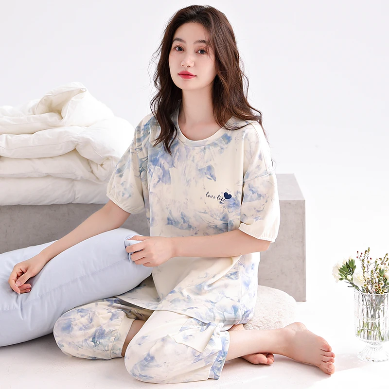 Newest Summer Pajamas Set Women 100% Cotton Sleepwear Female Short Top+Calf-Length Pant Floral Pyjamas