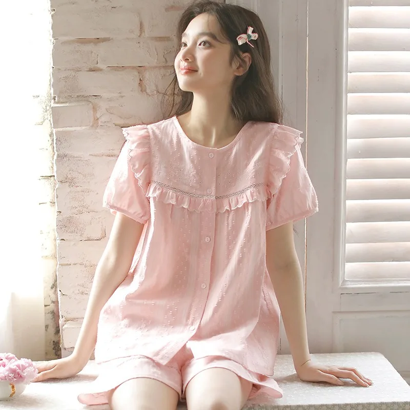 New Spring Summer Women's Cotton Yarn Lounge Set Short Sleeves Shorts French Sweet Style Girls Pajama Set Sleepwear Thin Sweet