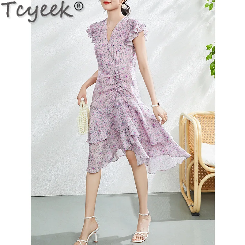 

Tcyeek 100% Real Mulberry Silk Dress Women Clothes Print Fashion Summer Dresses 2024 Elegant and Pretty Women's Dresses French