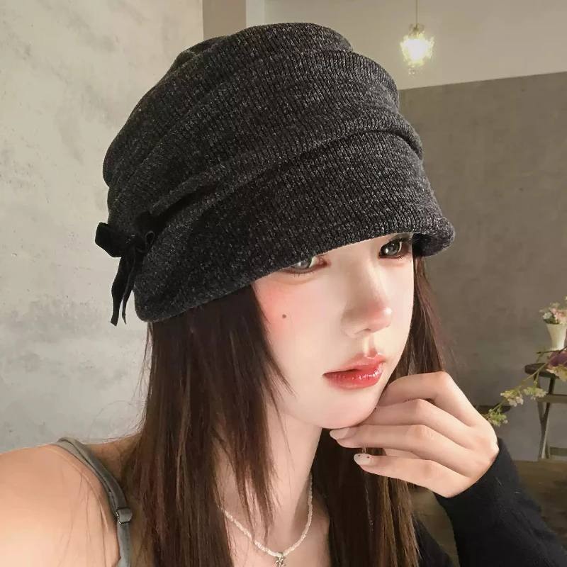 Ins Cute Bow Strap Fold Design Pile Hats for Women Autumn and Winter New Warm Versatile Show Face Small Literary Beanies