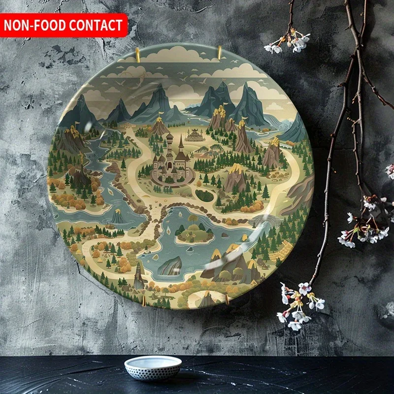 1pc Non-Food Contact Ceramic Wall Art Plate - Hand-Painted Rural Landscape with Mountains, Rivers & Cottage Scene, Round
