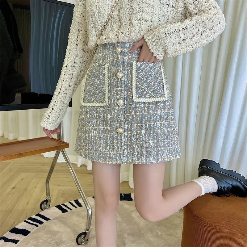 الشتاء تنورة المرأة حجم كبير منقوشة الصوفية ألف خط تنورة قصيرة عالية الخصر سليم صالح عادية موضة أنيقة الخريف الزي القمم #5