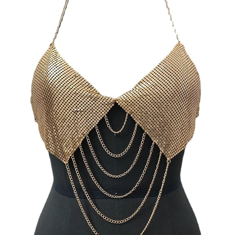 Skl 000198   Gilet con catena in metallo multistrato per feste, canotta seducente senza schienale, abbigliamento accessorio da donna, reggiseno alla moda