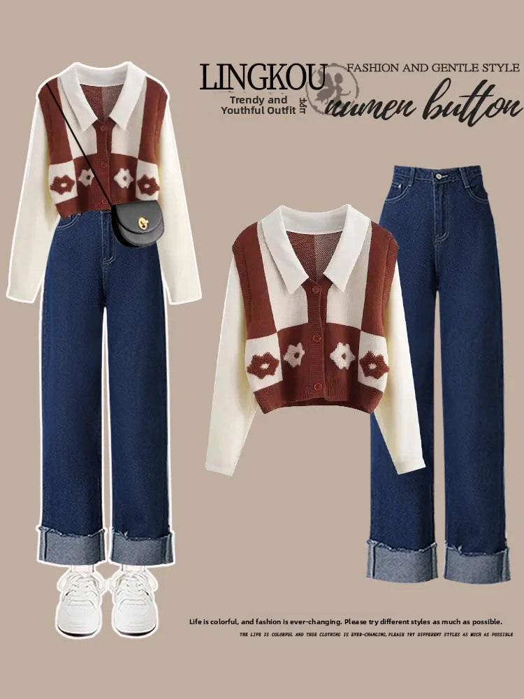 Set Sve Panjang Faionable Sweter Dua Potong Palsu Retro Sle Baru Awal Musim Gugur dengan Jeans Manset Pelangsing Ensemble Wanita