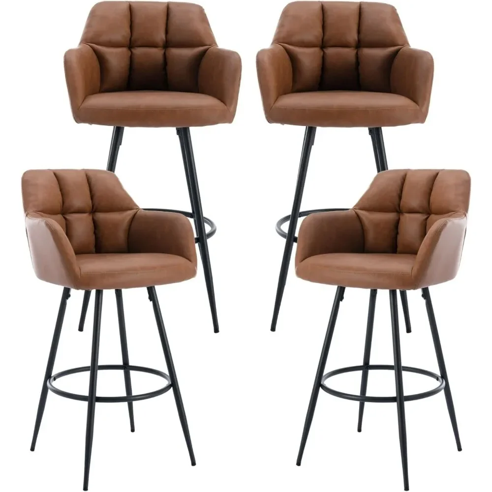 

Leather Bar Stools Set of 4 Bar Height Stools with Backs Brown for Kitchen Island Modern Barstools with Black Metal Legs