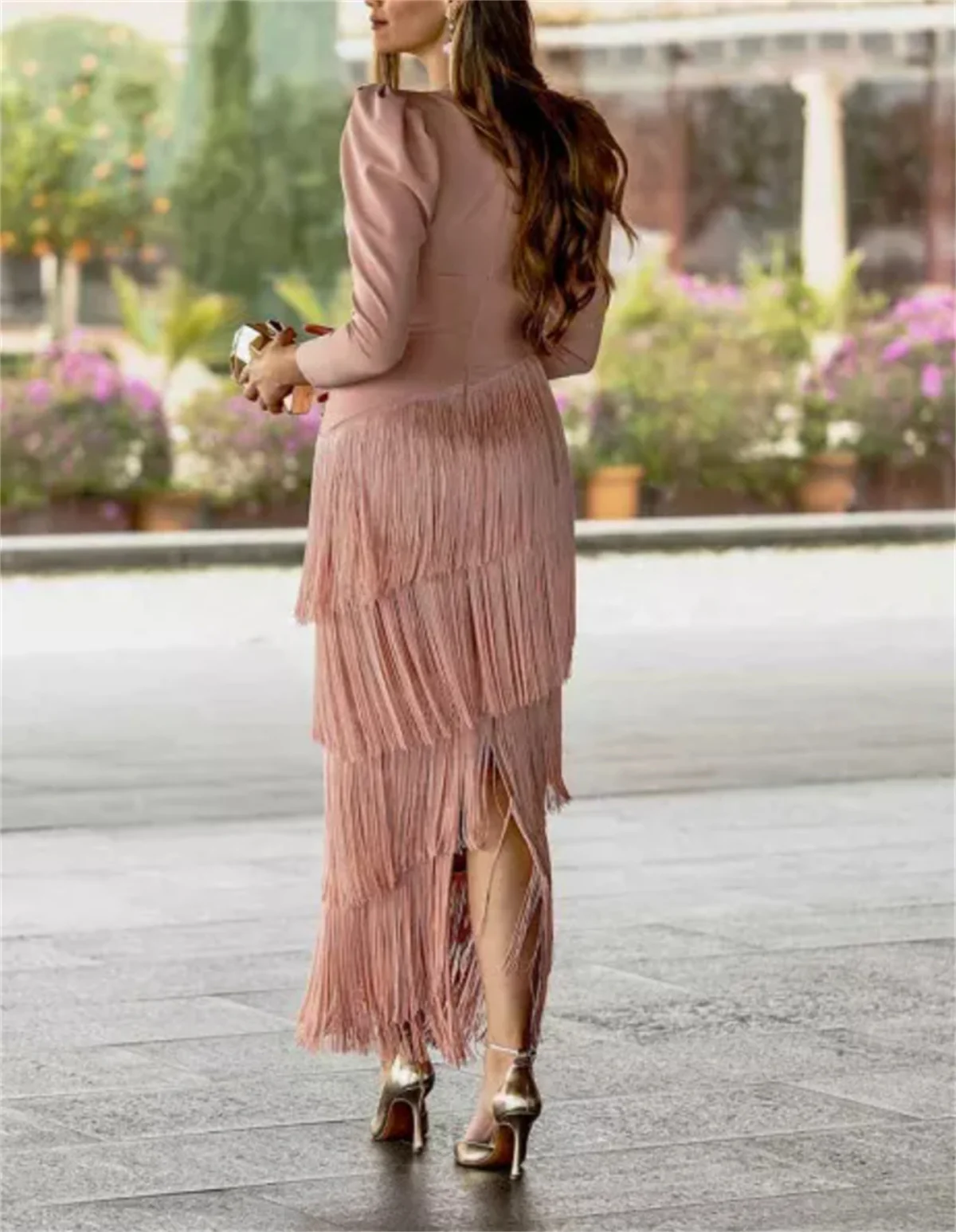 Elegant Pink Formal Occasion Gown French V Neck Long Sleeves Tassel Evening Gown Ladies to Calf Length Custom Evening Gown 2024