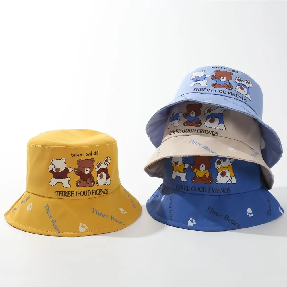 

Cute Cartoon Bear Print Baby Sun Hat UV Protection Breathable Kids Bucket Hat Wide Brim with Windproof Rope Beach Sun Hat