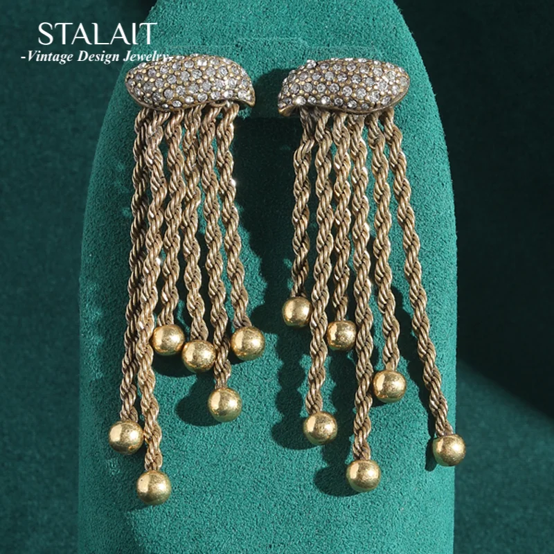 

Винтажные ювелирные изделия со стразами, висячие серьги с кристаллами, очаровательные серьги золотого цвета, веревочная цепочка с кисточками, роскошные женские аксессуары для платья 2025
