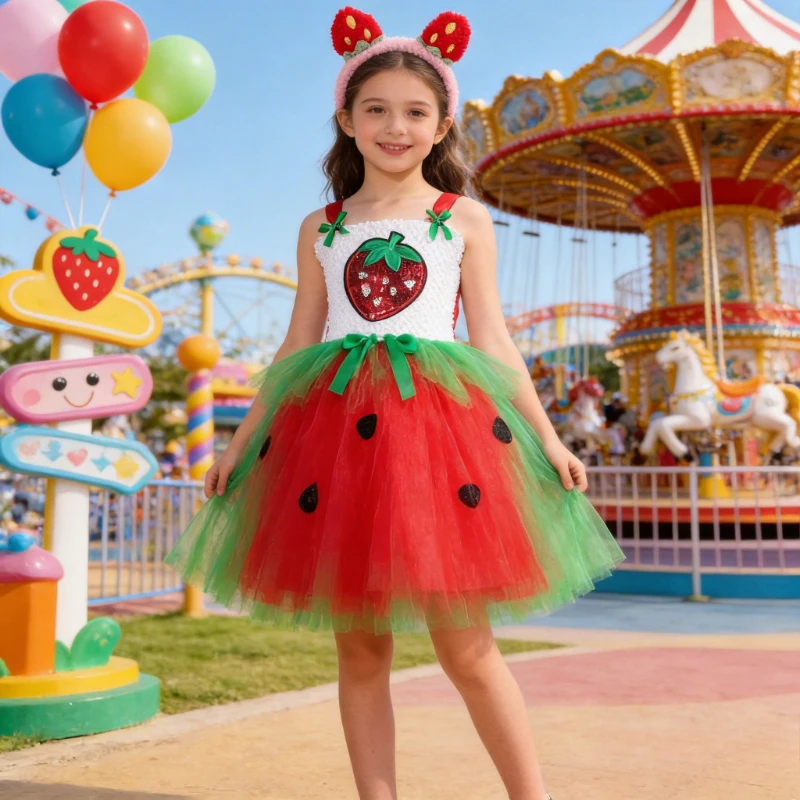 Cute Strawberry Dress for Girls,Fun Fruit‑Themed Kids Outfit,Hot‑Selling Item, Complete Set of Strawberry Clothes for Halloween