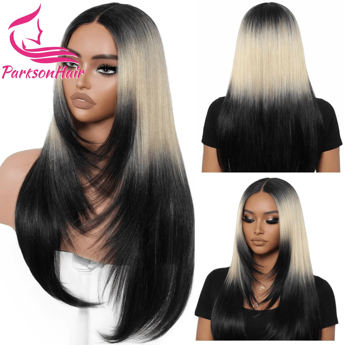 

Парик из натуральных волос с эффектом омбре (от черного до светлого), прямой, с кружевной передней частью 13x4, с темными корнями, предварительно выщипанный, срезанный под накладку