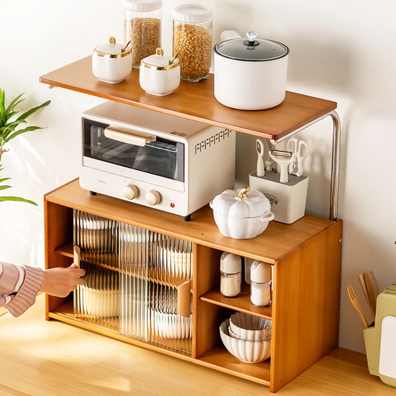 

Kitchen shelves: multi-layered storage, spices, dishes, sideboards, cupboards, microwave, dust-proof cup holders