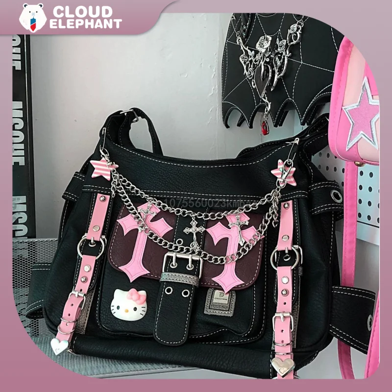 Gorąca dziewczyna torebka Sanrio Hello Kitty peryferia Gothic Punk Vintage różowe łańcuszki Crossbody torba na ramię Y2k modny prezent dla