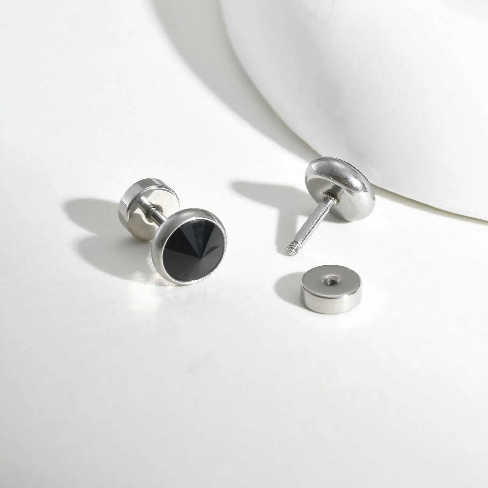 Men's Black Stainless Steel Stud Earrings, 8MM