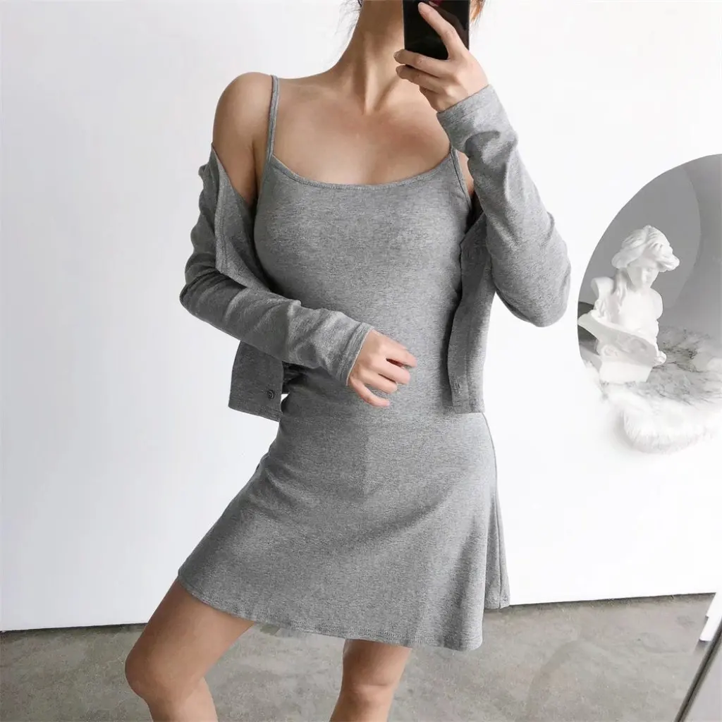 

YPFF Women's Slim-Fit round Neck Dress Fresh Style Fairy Sling Dress with Long Sleeve Cardigan Jacket Two-Piece Fashion Set